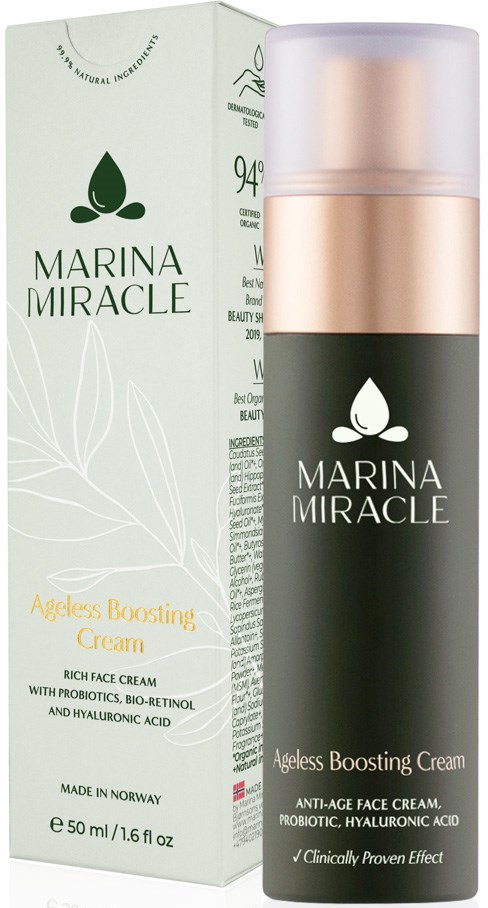 En hudplejeprodukt kaldet Marina Miracle Ageless Boosting Cream, i en sort og roséguld flaske med æske.