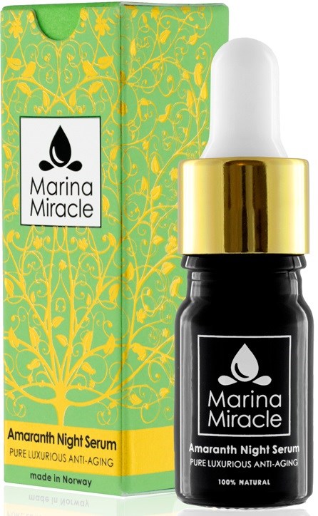 Bildet viser en grønn eske og en svart flaske med pipette, merket 'Marina Miracle Amaranth Night Serum,' laget i Norge.