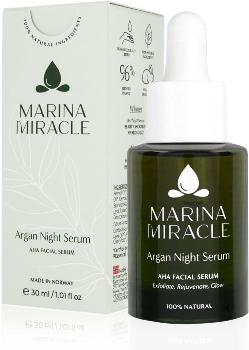 En mørkegrønn flaske av Marina Miracle Argon Night Serum står ved siden av en hvit eske, begge med minimalistiske etiketter.