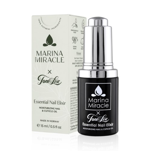 En svart neglelakkflaske med sølvhette ved siden av en hvit eske, merket 'Marina Miracle x Tone Lise, Essential Nail Elixir.'