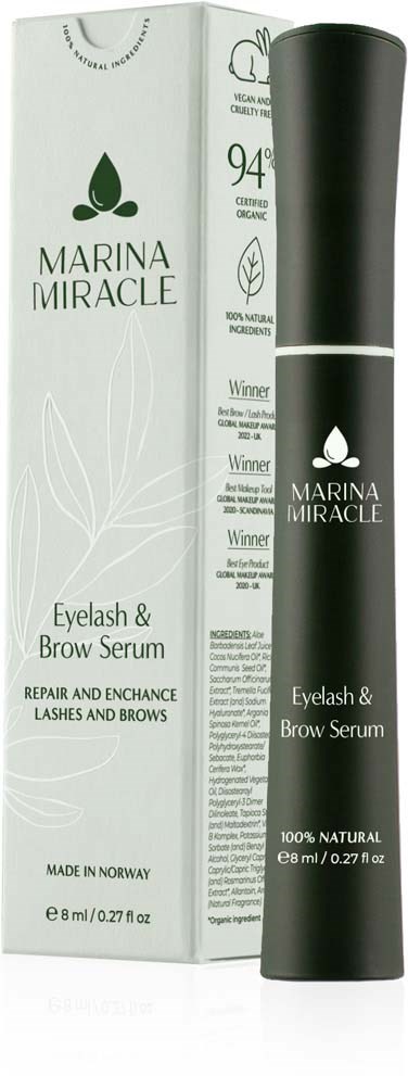 En sort tube og hvid æske til Marina Miracle øjenvippe- og brynserum, med fokus på naturlige ingredienser og reparationsfordele.