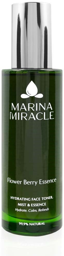 En grønn sylinderformet flaske med sølvhette, merket 'Marina Miracle Flower Berry Essence' for hudfuktighet.