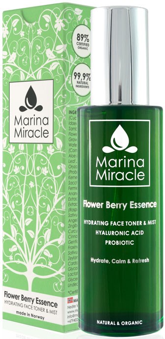 Grønn flaske med sølvhette og en grønn eske med hvite mønstre. Begge har Marina Miracle-logoen og produktbeskrivelser.