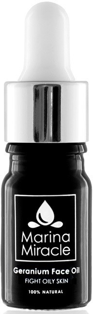 Liten mørk flaske med hvit pipette, merket 'Marina Miracle Geranium Face Oil, Fight Oily Skin, 100% Natural.'