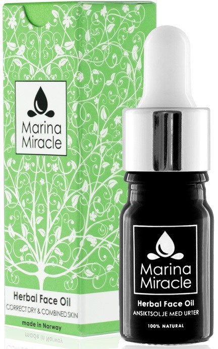 Grøn æske med hvide svirvler og en sort flaske med hvid pipette, mærket 'Marina Miracle Herbal Face Oil.'