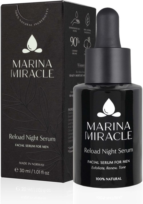 En svart flaska med pipett och en förpackning visar Marina Miracle Reload Night Serum för män, tillverkad i Norge.