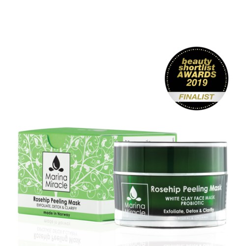 A green and white jar and box of Marina Miracle Rosehip Peeling Mask, award finalist badge, Italian-made skincare product.