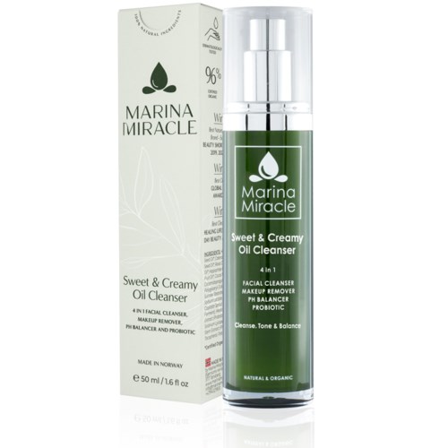 En grønn flaske med hvit pumpe og en eske ved siden av, begge merket Marina Miracle Sweet & Creamy Oil Cleanser.