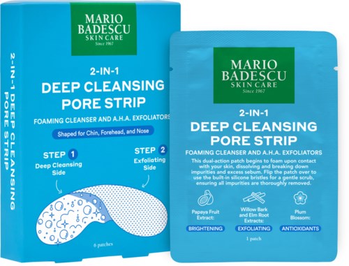 Dyp rensende pore strip for ansiktet, med exfolierende og opplyftende ingredienser, inkludert papaya, vildebark og plommeblomst.