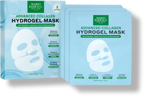 Förpackning av hydrogelansiktsmasker med varumärke och produktuppgifter tydligt visade.