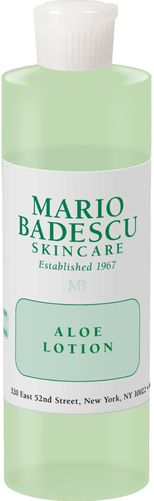 En grön flaska med Mario Badescu Aloe Lotion med vit kork och etikett, inklusive adressuppgifter.