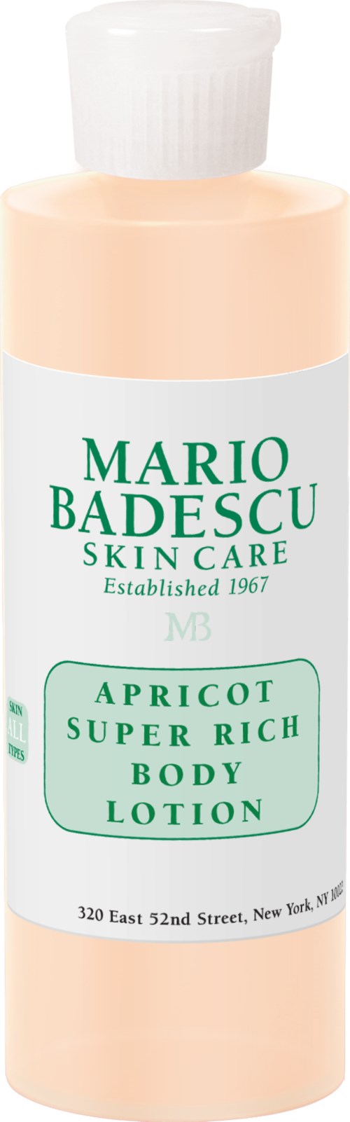 Brązowa butelka z białym zamknięciem, etykieta 'Mario Badescu Skin Care Apricot Super Rich Body Lotion.'