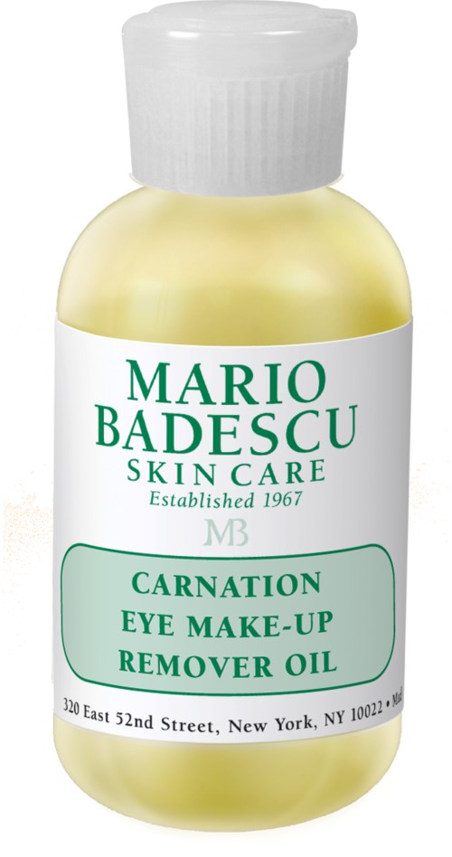 En liten flaske øyemakeup-fjernerolje fra Mario Badescu, merket for duft av nellik. Hvit hette og grønn tekst.