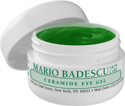 En hvit krukke merket 'Mario Badescu Skin Care Ceramide Eye Gel' med grønt gel inni.