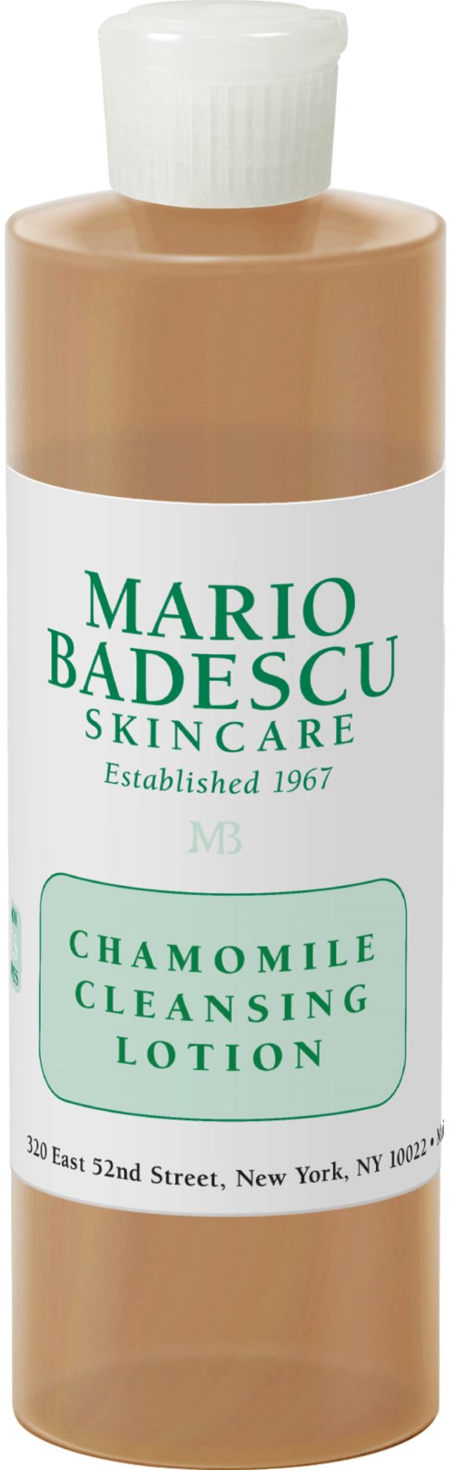 Bottle of chamomile cleansing lotion from Mario Badescu Skincare. White cap, beige liquid inside, green and white label.