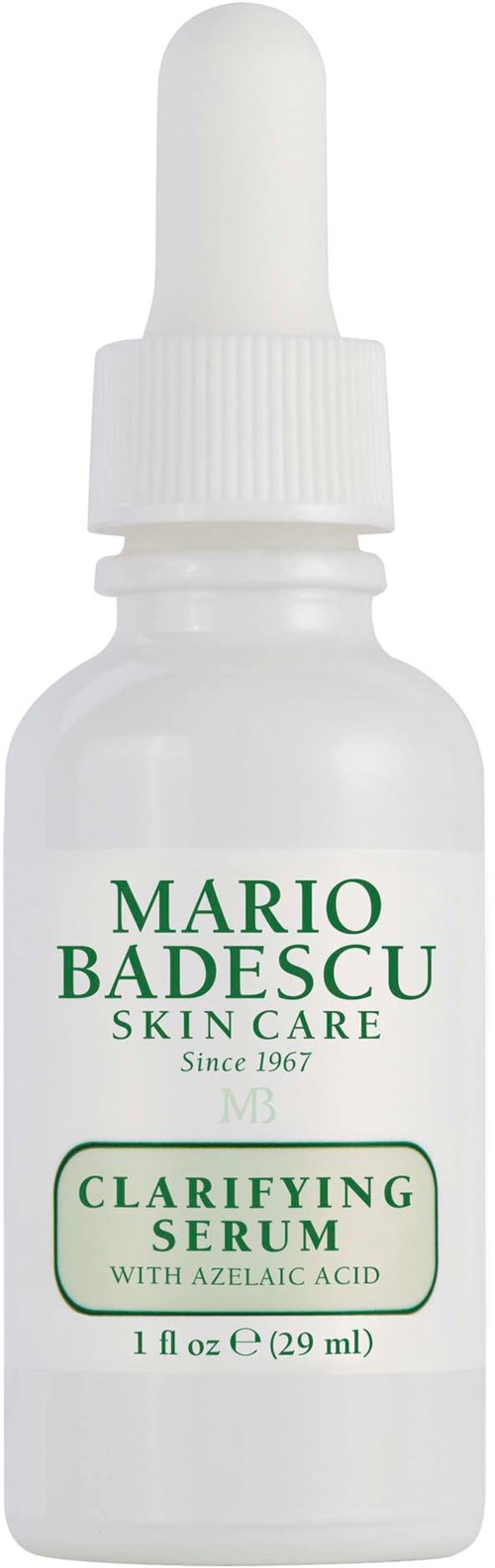 En liten vit flaska med dropper, märkt Mario Badescu hudvård, klarande serum med azelainsyra, 29 ml.