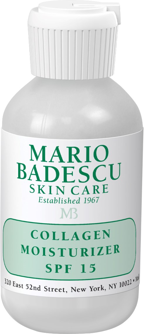 En liten vit flaska med Mario Badescu Collagen Moisturizer med SPF 15. Etiketten visar varumärke och produktdetaljer.