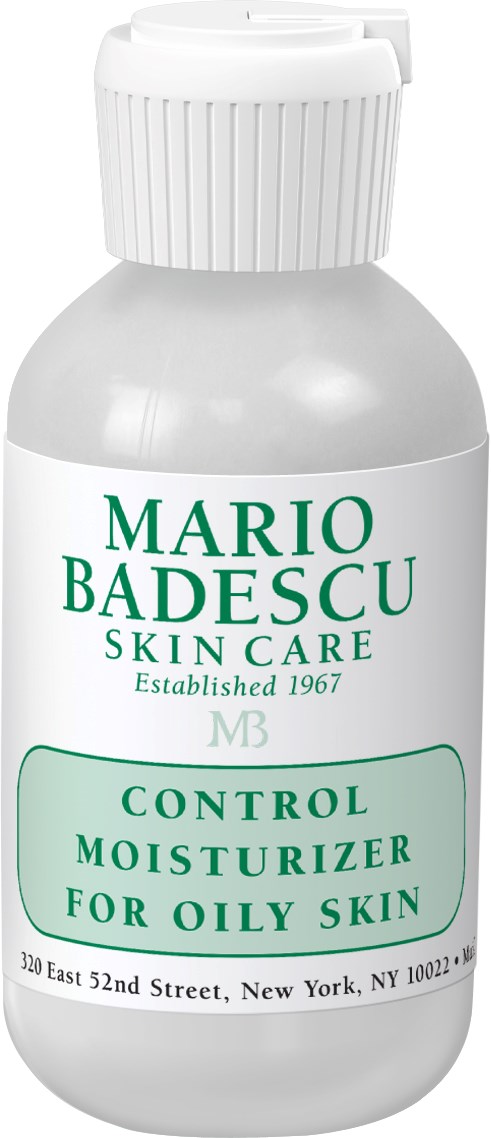 En vit flaska märkt 'Mario Badescu Skin Care' med grön och svart text, för fet hud.