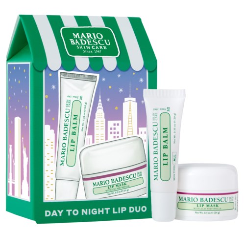 Set of Mario Badescu lip care products, including a lip mask, balm, and a tube, with a cityscape background.