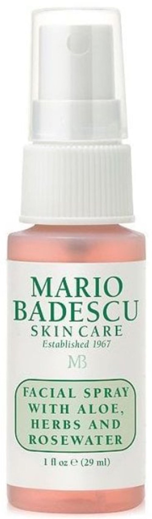 Kleine Sprühflasche mit der Aufschrift 'Mario Badescu Skin Care mit Aloe, Kräutern und Rosenwasser' für das Gesicht.