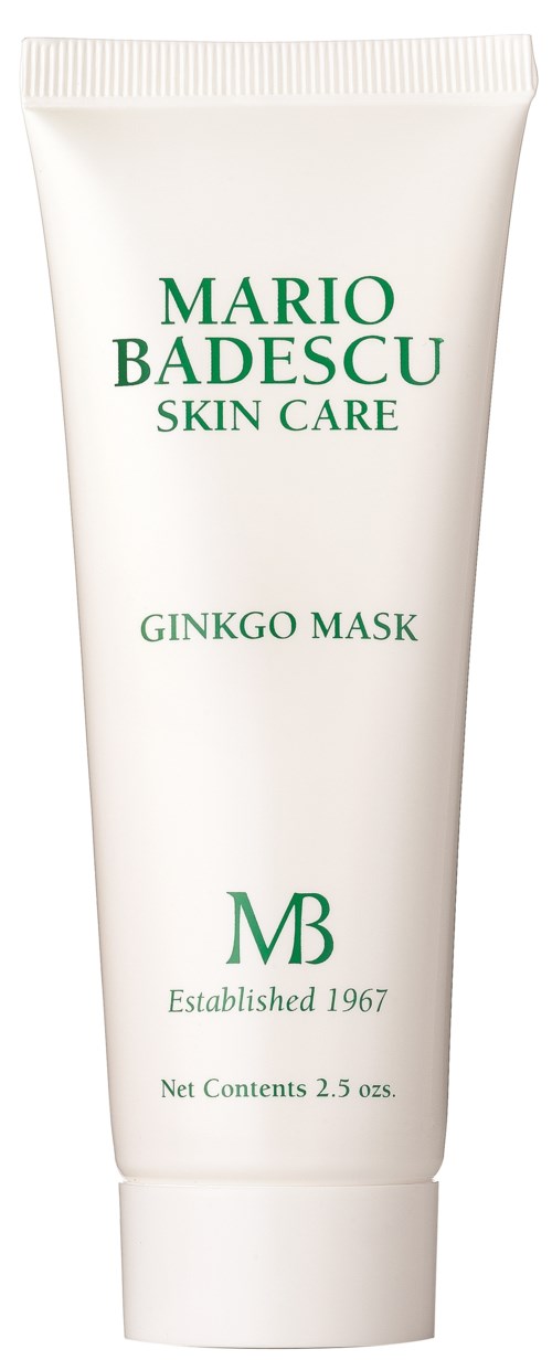En vit tub med Mario Badescu Ginkgo Mask med grön text och logotyp. Den står för hudvård, grundad 1967, och innehåller 2,5 ounces.