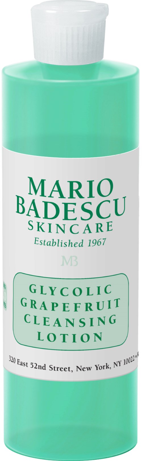 En grønn og hvit flaske med Mario Badescu Glycolic Grapefruit Cleansing Lotion. Forenklet etikettdesign. Inneholder informasjon om hudpleieproduktet.