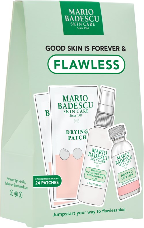 En hudvårdsproduktlåda med plåster, spray och lotion från Mario Badescu, främjar frisk hud och torrhetslindring.