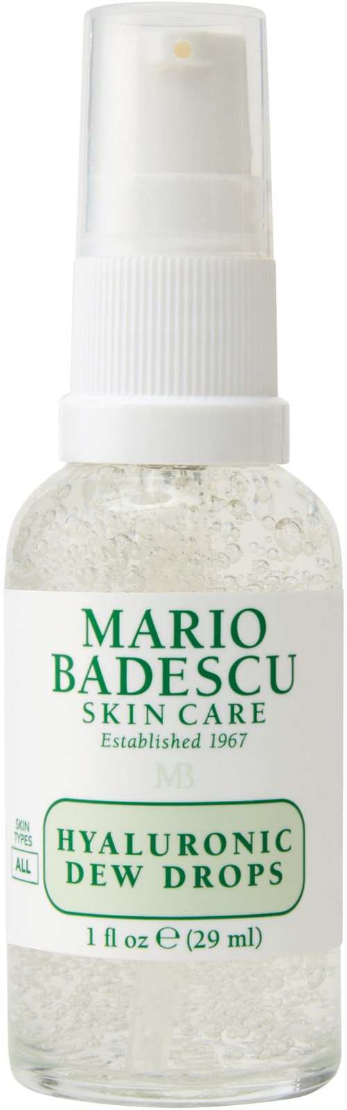 Pieni pullo, jossa lukee 'Hyaluronic Dew Drops' Mario Badescu:sta, todennäköisesti ihonhoitotuote, kirkas neste sisällä.