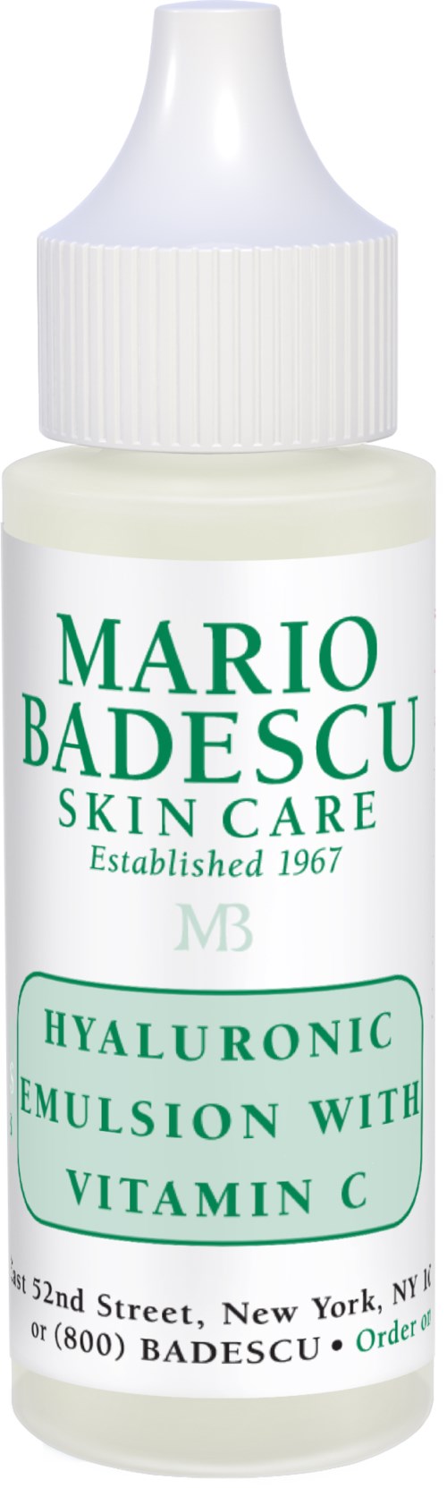 En liten vit flaska märkt som Mario Badescu-skötsel, innehållande hyaluronsyraemulsion med vitamin C.