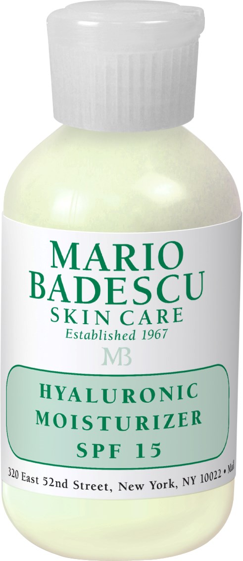 En liten vit flaska med etikett för Mario Badescu:s hudvård, nämner hyaluronsyra och SPF 15.