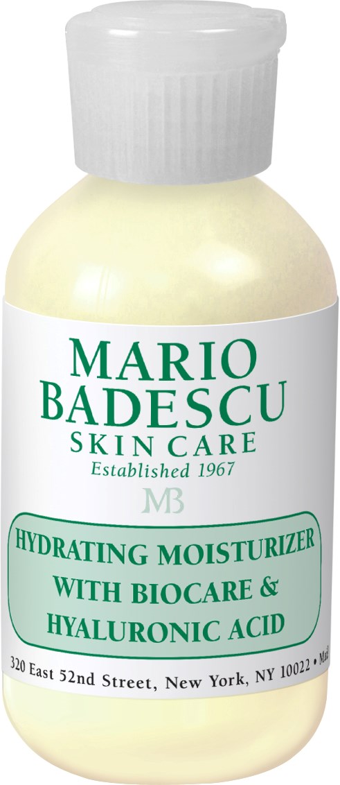 En vit flaska med en etikett som säger 'Mario Badescu Skincare Hydrating Moisturizer med Biocare & Hyaluronsyra.'