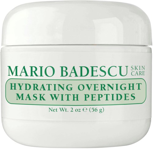 Een witte pot met het label 'Mario Badescu Skin Care Hydrating Overnight Mask with Peptides'.