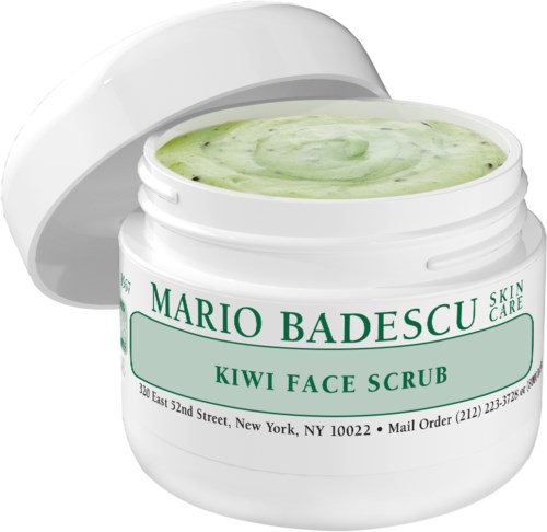 Valkoinen rasia, jossa lukee 'Kiwi Face Scrub', sisältää vihreää koostumusta. Se on ihonhoitoon.