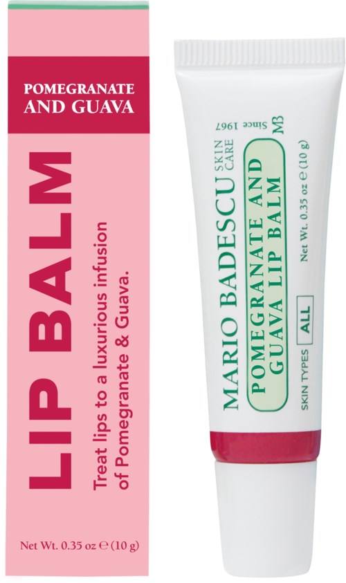 Läppbalsam i tub och box med rosa och vit färg, med mintgröna texter och beskrivningar.