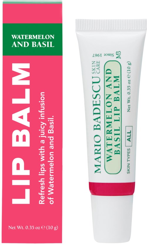 Läppbalsam i tub med vattenmelon och basilika smak, i grönt och rosa förpackning. Skyddar läpparna.