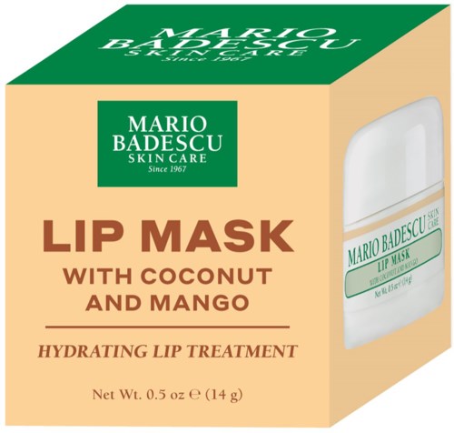 Een doosje Mario Badescu Lip Mask met kokos en mango, voor het hydrateren van lippen.