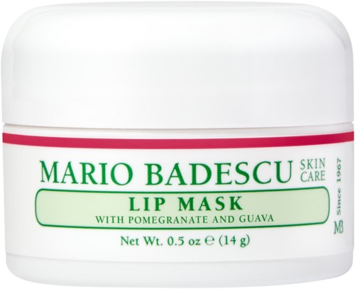 En liten vit burk med Mario Badescu läppmaskin med grön och röd text, innehållande gren och guava, 14 gram.