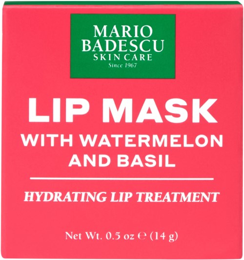 Verpakking van een Mario Badescu lipmasker met watermeloen en basilicum, belooft hydraterende lipbehandeling, 14 g.