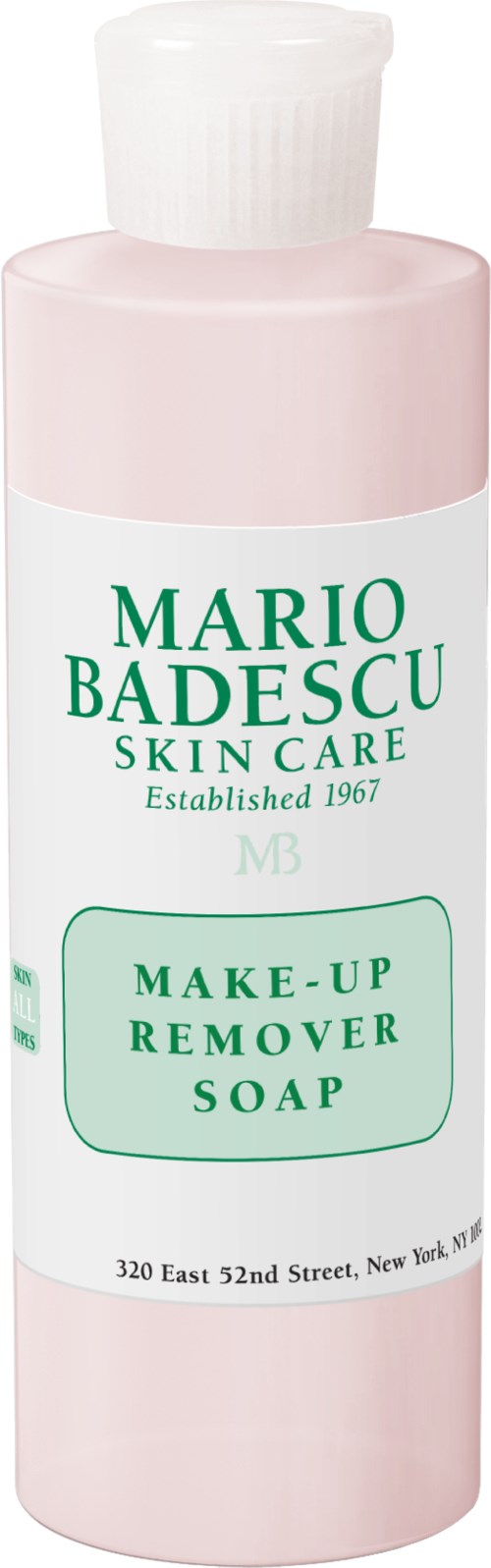 A pink bottle labeled 'Mario Badescu Skin Care' with green text, containing make-up remover soap.