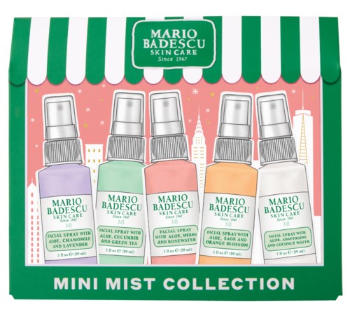 Set of five small facial mist sprays with different scents in a colorful box labeled 'Mini Mist Collection.'