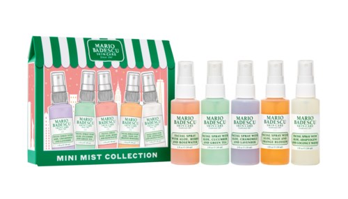 Set of four small spray bottles with different colored labels in a green and white display box.
