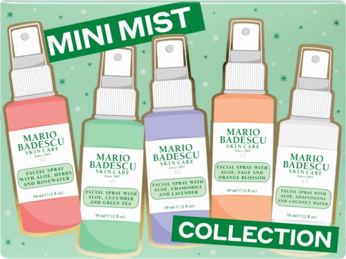 Illustration of five small spray bottles with different colors labeled 'Mario Badescu' and 'Mini Mist Collection.'