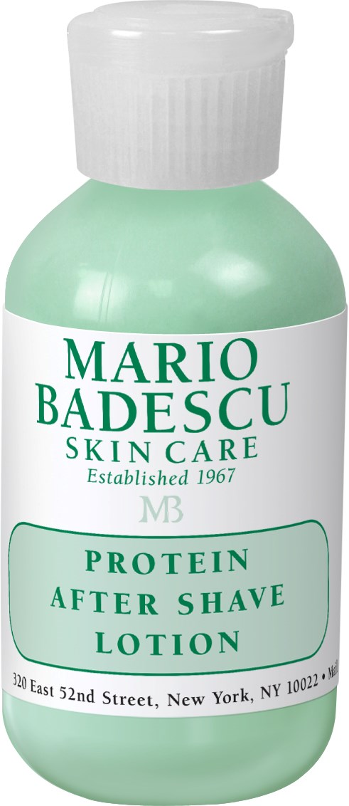 En liten ljusgrön flaska märkt 'Mario Badescu Skin Care' för after shave-lotion, med en vit lock.