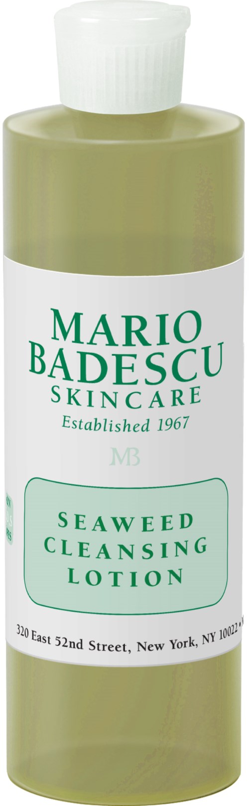 En grønn flaske med hvit krage, merket Mario Badescu Seaweed Cleansing Lotion, fra New York.
