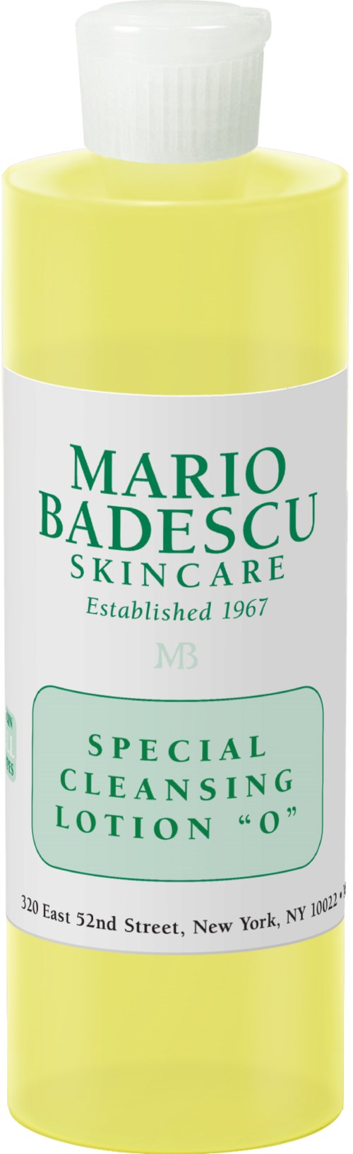 Keltainen pullo, jossa valkoinen korkki, merkitty ihonhoidolle, teksti "Mario Badescu" ja "Special Cleansing Lotion."