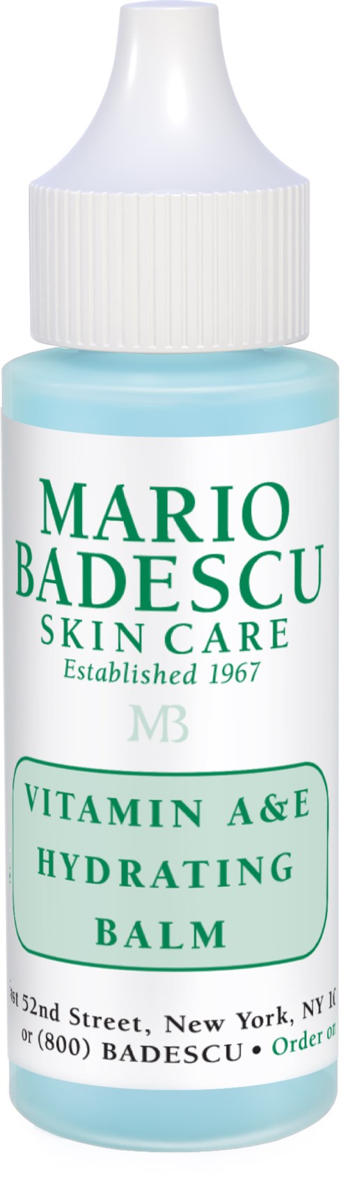 En liten flaske merket Mario Badescu hudpleie, vitamin A og E fuktighetsgivende balm, med hvit kork og blå væske.