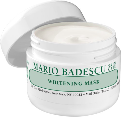 En hvit krukke med Mario Badescu Whitening Mask med grønn etikett, åpen lokk som viser krem inni.