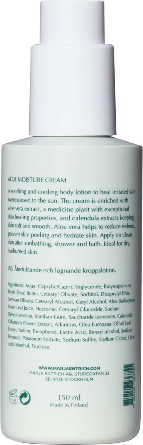 A white bottle with a pump, labeled as moisture cream for skin hydration and cooling, 150 ml capacity.