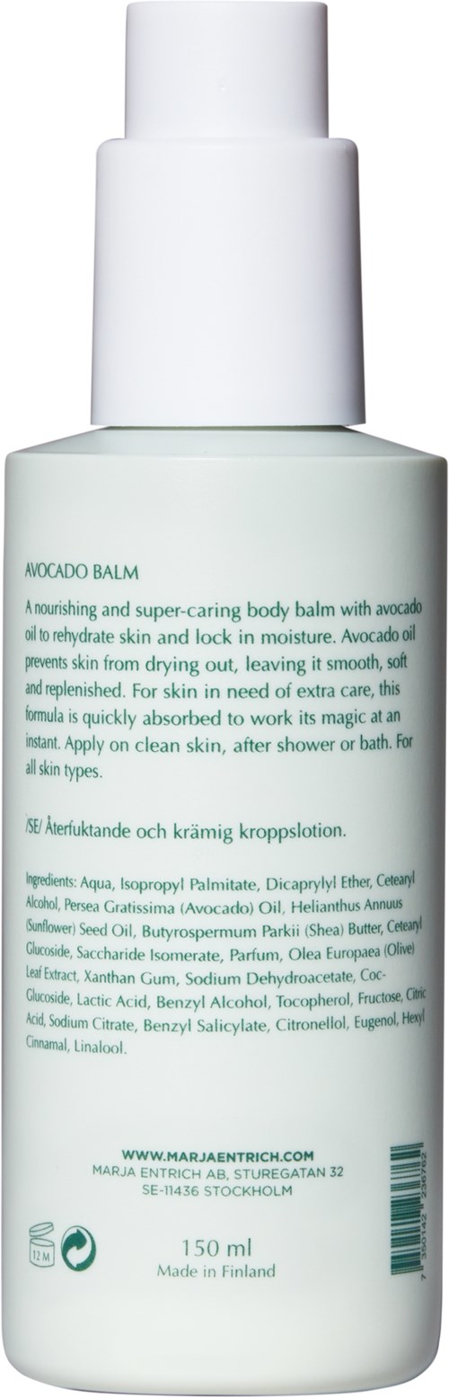 En vit flaska med pumphuvud, märkt Avocado Balm, innehåller 150 ml, avsett för hudvård.