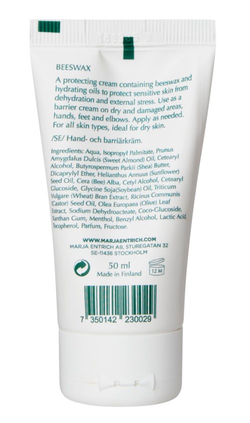 En vit tub med bivax handkräm med grönt lock, detaljerad innehållsförteckning och streckkod längst ner.